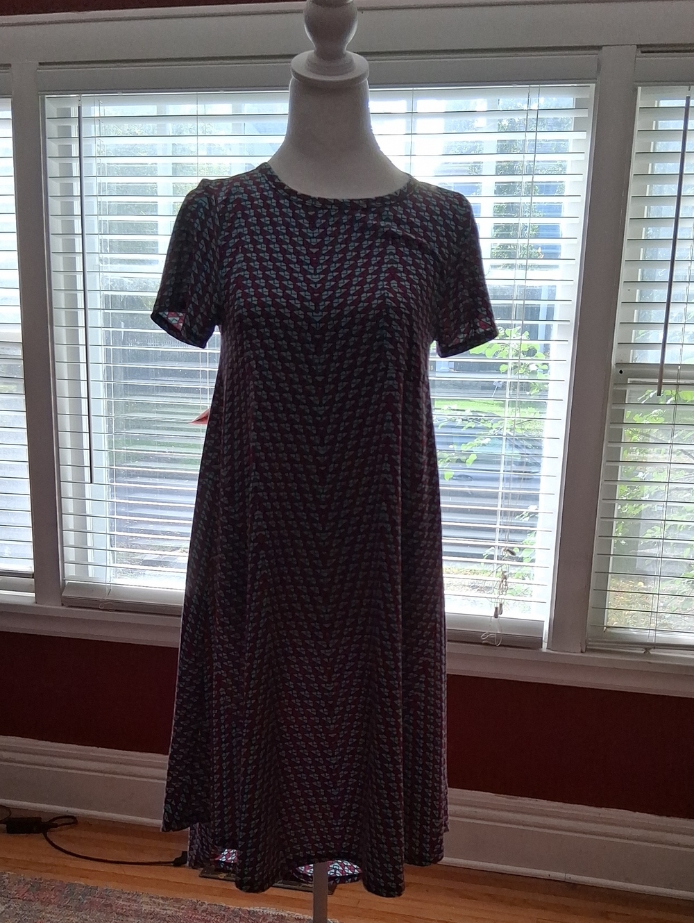 LuLaRoe Navy Dress with Pink Geometric Print Midi